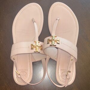 Tory Burch Pale Pink Leather Logo Toe-Post Sandals